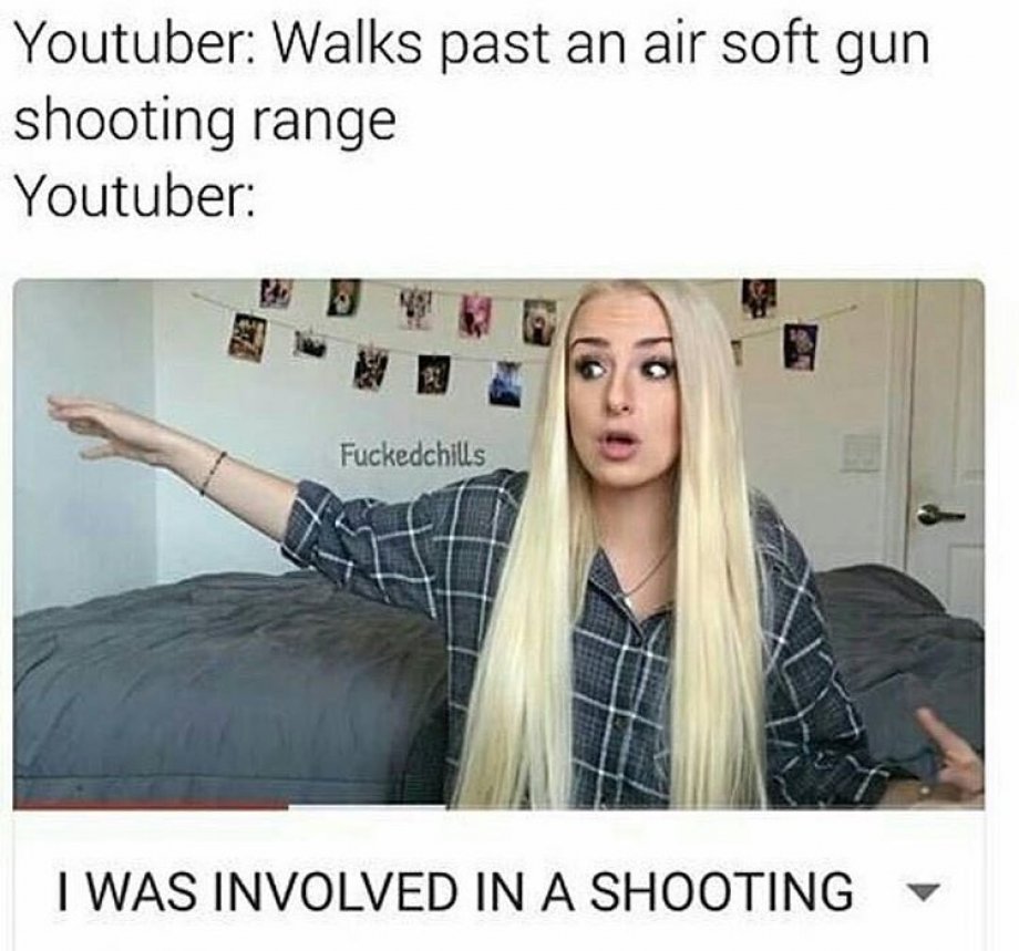 Youtuber exaggerating story of being involved in shooting after walking past air soft gun at shooting range.