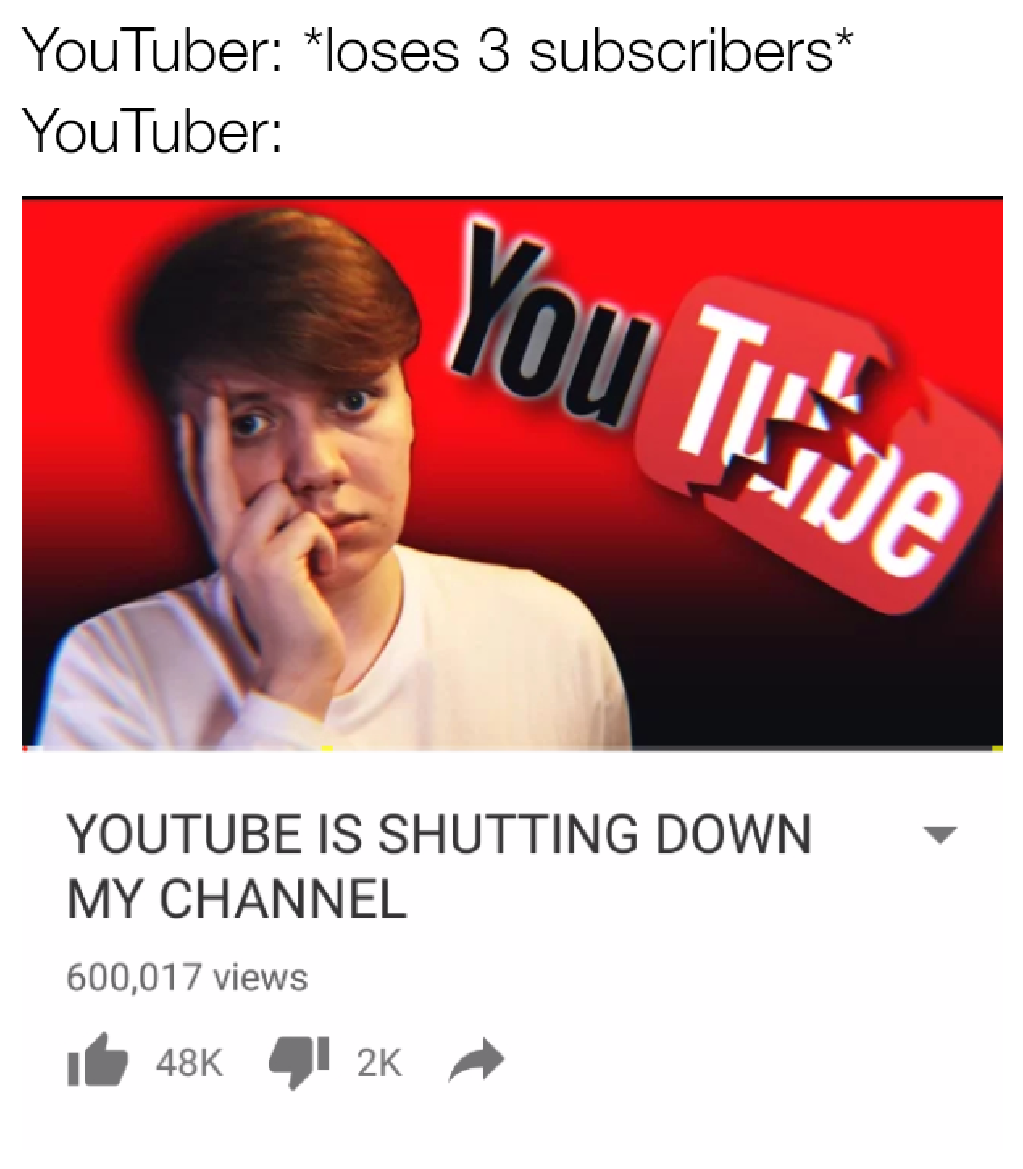 youtuber exaggerating that youtube is shutting down his channel after losing 3 subscribers.