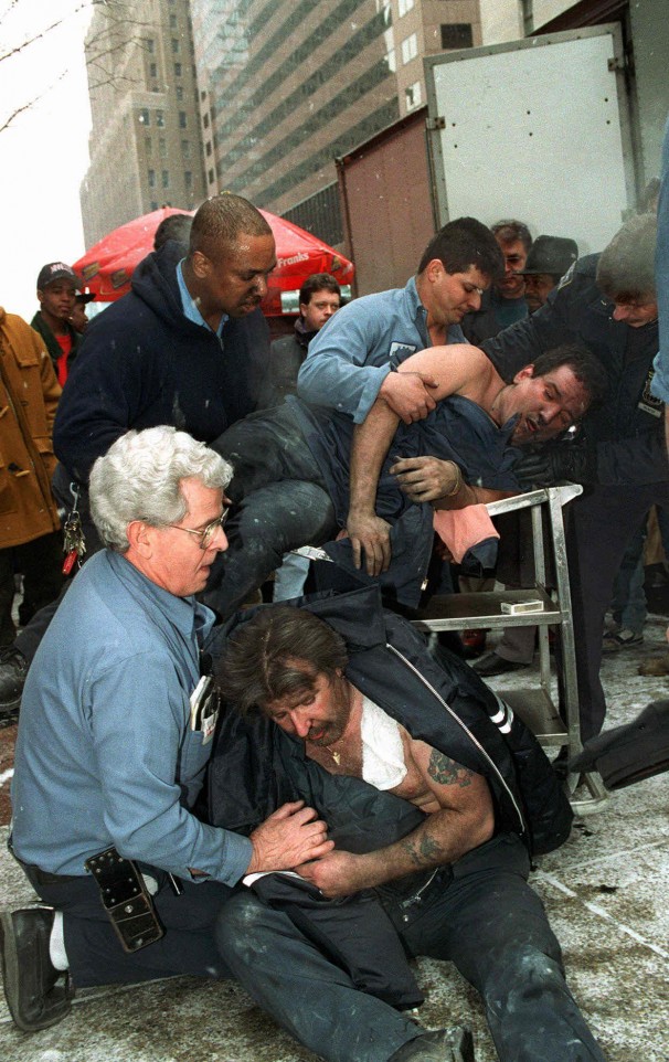 Injured people are helped after being removed from the World Trade Center in NYC, US after it was bombed in 1993. 6 People would die with another 1,042 injured when a car bomb exploded in the parking garage. It caused extensive damage and was a shock when it happened. The WTC housed major companies from around the world that also had multicultural employees.