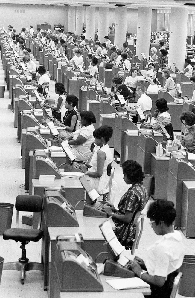 Employees working at the Social Security Office in Baltimore, MD, US in 1950. There are only 3 men in this picture, can you spot all 3?