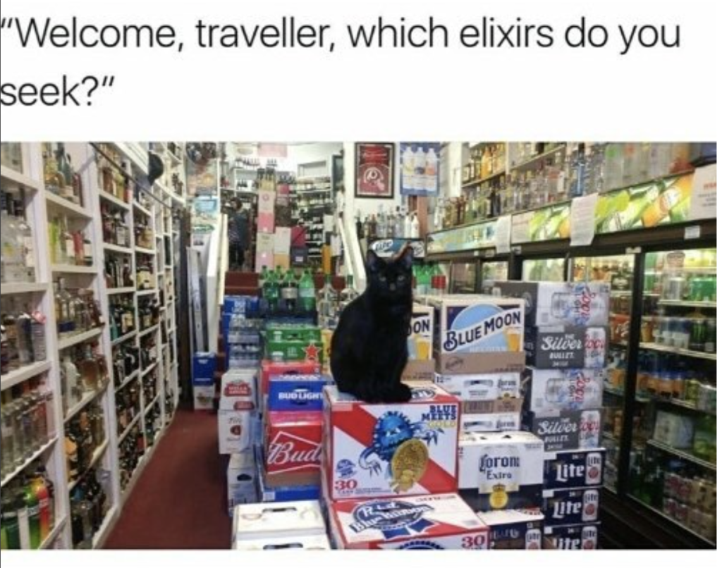 welcome traveller meme - "Welcome, traveller, which elixirs do you seek?" Blue Moon Bud foron Tite