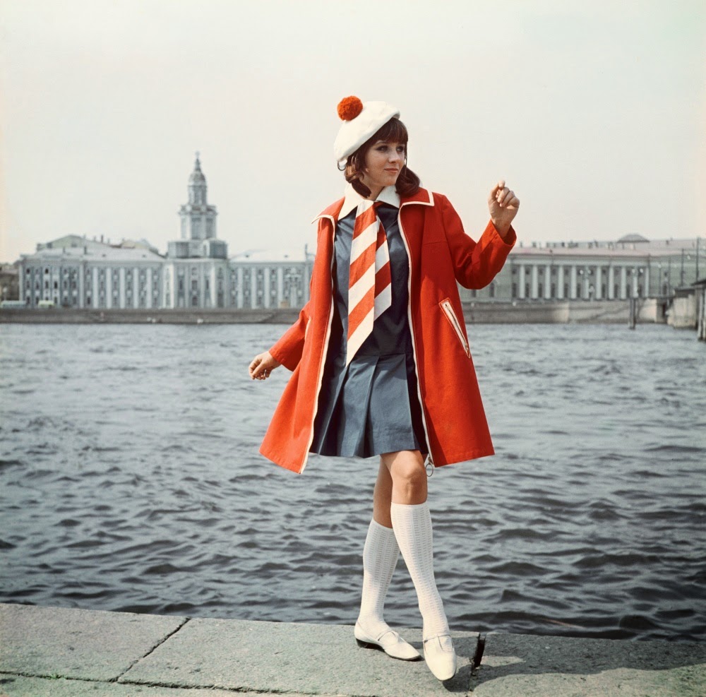 A fashion model in the Soviet Union shows off the new style in St. Petersburg, USSR (now Russia) in 1968. The USSR tended to copy Western fashions when they could, but most styles were not available to most of the public.