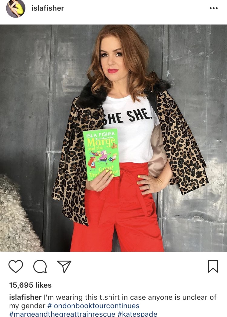 Isla Fisher makes a joke about her shirt.