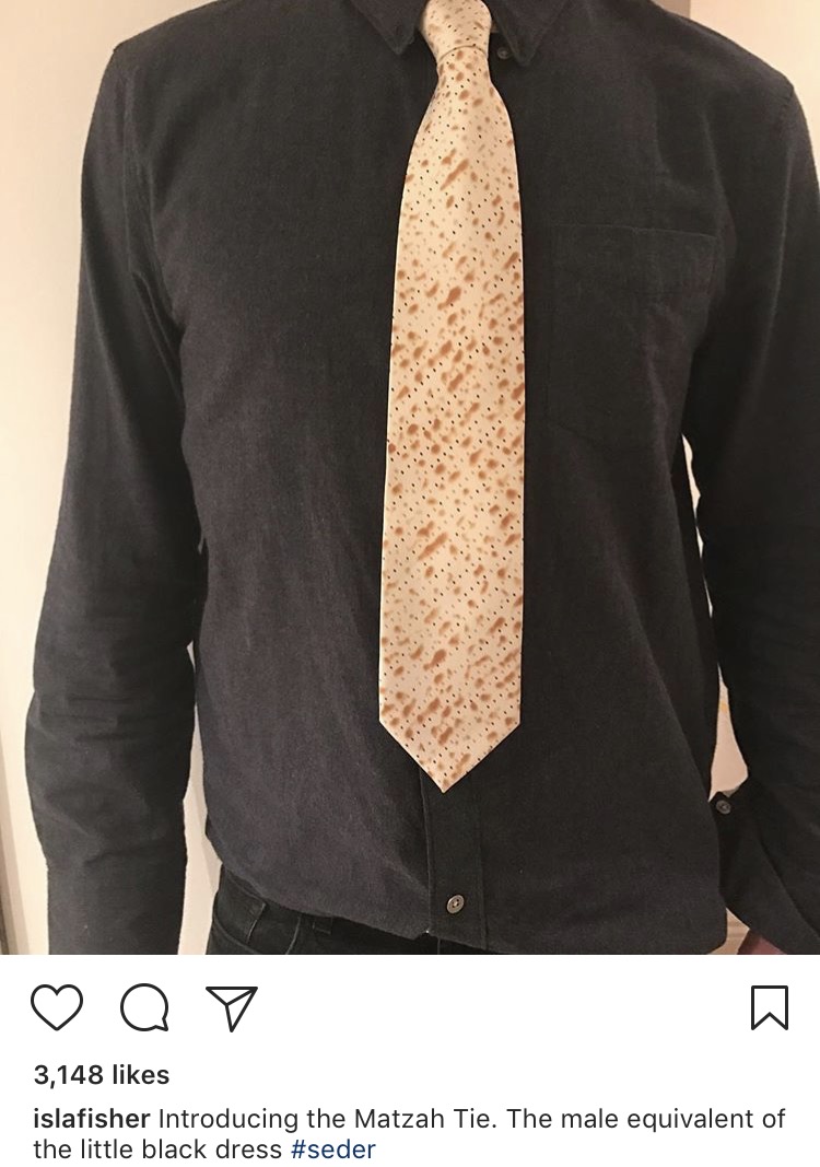 Isla fisher making joke on Instagram about the versatility of a Matzo tie for a man.