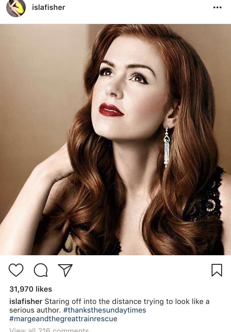 Funny Isla Fisher instagram post of posing like a smart author