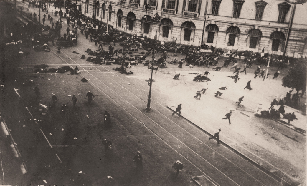 Russian troops firing on demonstrators with machine guns in Petrograd, Russia in 1917. This was during the "July Days", when around 500,000 unarmed workers along with around 5,000 Red Army soldiers demonstrated against the Russian Provisional Government. The Russian Provisional Government soldiers were ridiculously outnumbered, and when clashes began, they opened fire on everyone. They killed around 160 and wounded another 700. They also arrested around 100 people. Some 24 Russian Provisional Government soldiers were also killed.