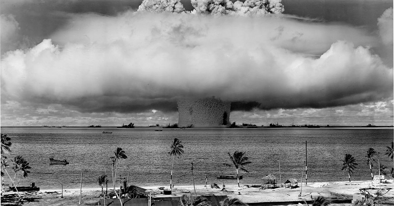 The initial mushroom cloud after detonating a nuclear bomb underwater. This was a test known as Operation Crossroads Baker Test at the Marshall Islands in 1946.