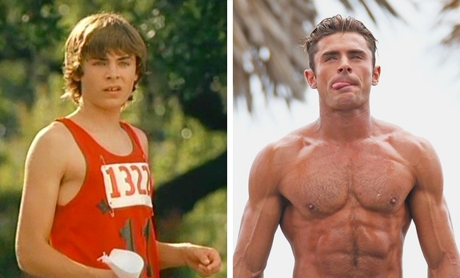 Zac Efron. The star of High School Musical has sure come a long way from being a skinny teenager. His shocking transformation reached its peak after he was cast as a lifeguard in the summer hit Baywatch. To get a beach-worthy physique, he reduced his body fat to an extremely low level and pumped up with his on-screen buddy Dwayne Johnson prior to every shooting.