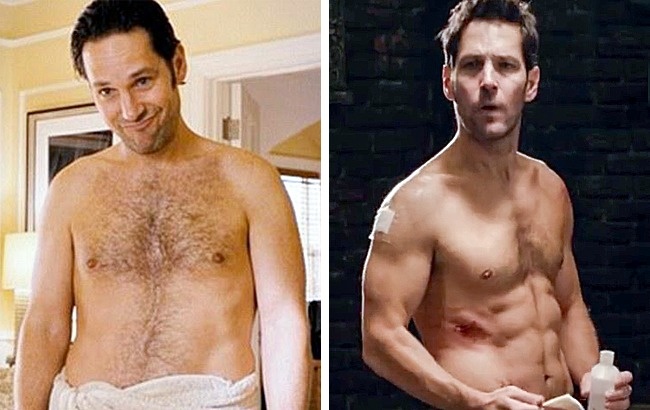 Paul Rudd. Action movies expect nothing less from their stars than to be in great shape throughout the entire filming process. To bring his best performance to the movie Ant-Man, Paul Rudd needed to build a fit and athletic body, removing anything enjoyable from his diet and focusing on intense exercises every day for a year. Playing a hero comes with sacrifices, after all.