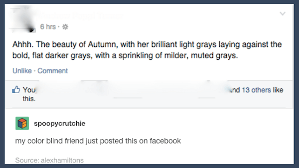 web page - 6 hrs. Ahhh. The beauty of Autumn, with her brilliant light grays laying against the bold, flat darker grays, with a sprinkling of milder, muted grays. Un Comment You Ind 13 others this. spoopycrutchie my color blind friend just posted this on 