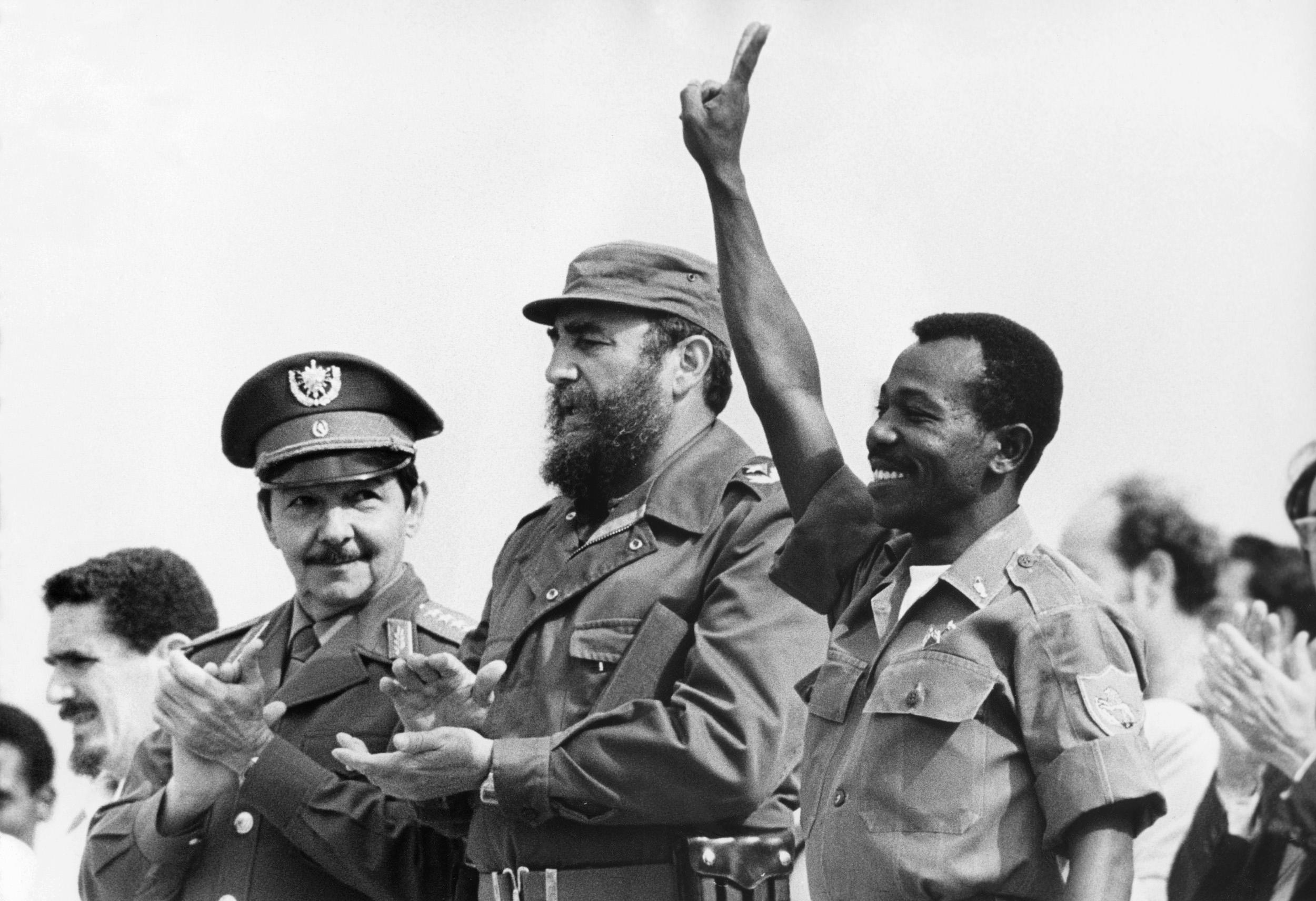From left to right, Raul Castro, Fidel Castro, and Mengistu Haile Mariam celebrate their victory in the Ogaden War in Havana, Cuba in 1978. Somalia had invaded Ethiopia over disputed territory and was winning the war when the Soviets and Cuba intervened militarily in support of Mengistu and his Ethipian communist regime. Ethiopia and Somalia each lost over 6,000 dead, but Cuban troops were heavily engaged and lost 400 of their own soldiers. It is believed up to 18,000 Cuban soldiers helped repel the invading Somalian forces. This is one of the only times Cuba ever militarily involved itself in a conflict not in Central or South America.