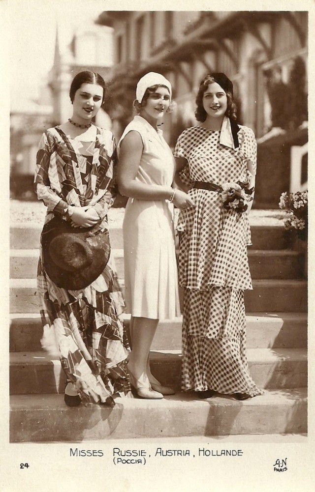 Miss Russia, Miss Austria, and Miss Holland (The Netherlands) pose for a picture during the Miss Europe competition in Paris, France in 1930. The pageant had 19 countries send contestants, with Miss Greece winning.