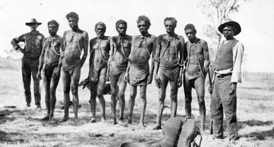 Aborigine prisoners on there way to a work prison near Wyndham, Australia in 1930. Many of these men were tricked, kidnapped or forced into basically slaves at work prisons and camps to help spear cattle, farm, and other hard labor projects. Aborigines were not treated well, and it took many years before they were accepted as full equals to the rest of Australia.