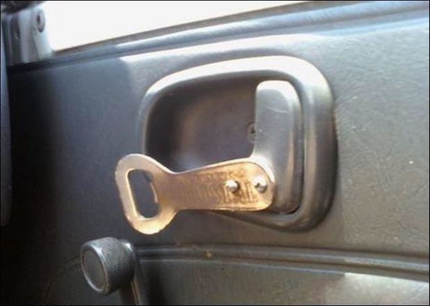 Redneck car repair of using bottle opener for opening the car door.