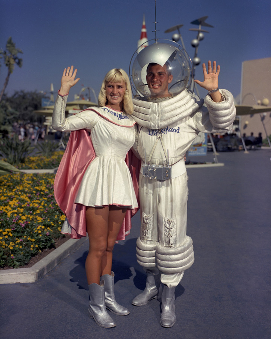 Disney characters Spaceman and Spacewoman at the Tomorrowland park in Disneyland in California, US, in 1960. The park banked on what at the time was the common belief that within 25 years man would colonize the moon and Mars. It also focused on many other future ideas like flying cars, rocket ships to travel anywhere, and many other things that still do not exist today.