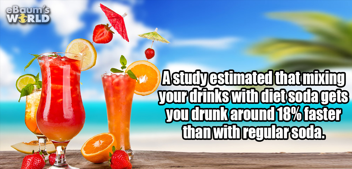 eBaum's World Astudy estimated that mixing your drinks with diet soda gets you drunk around 18% faster than with regular soda.