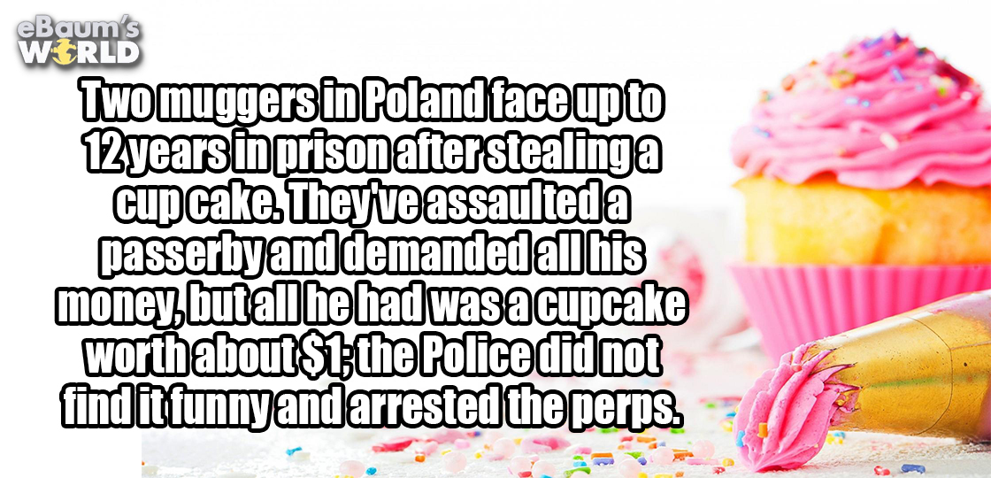 quefaire - Two muggers in Poland face up to 12 years in prison after stealing a cupcake. They've assaulteda passerby and demanded all his money, but all he had was a cupcake worth about $1. the Police did not find it funny and arrested the perps.