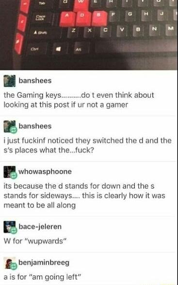 r gatekeeping keyboard - An Bn banshees the Gaming keys..........do t even think about looking at this post if ur not a gamer banshees i just fuckinf noticed they switched the d and the s's places what the...fuck? whowasphoone its because the d stands for