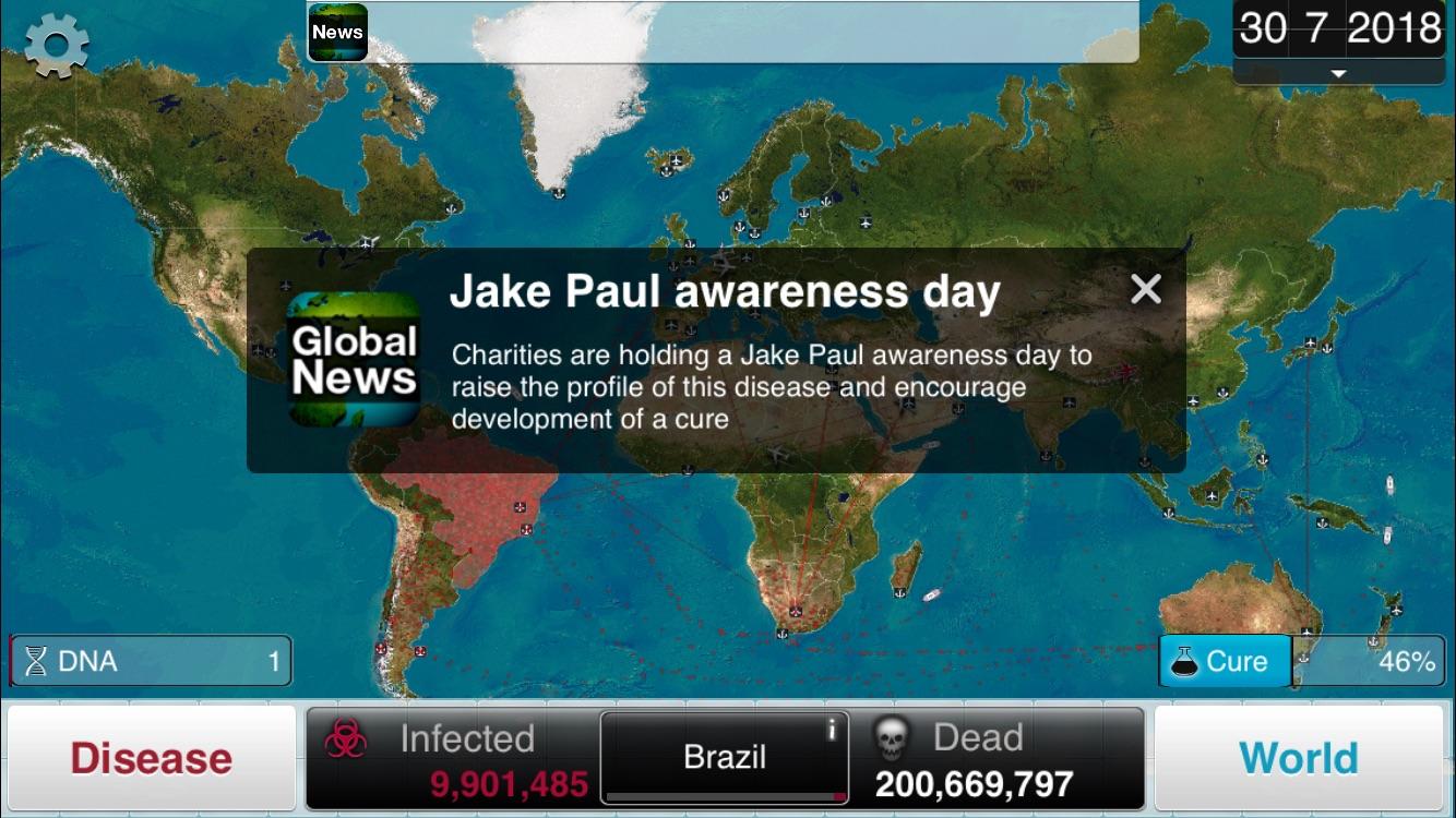 plague inc starcraft - News 30 7 2018 Global Jake Paul awareness dayX Charities are holding a Jake Paul awareness day to raise the profile of this disease and encourage development of a cure . Dna 1 Cure 46% Disease Infected 9,901,485 Brazil 20 Dead 200,6