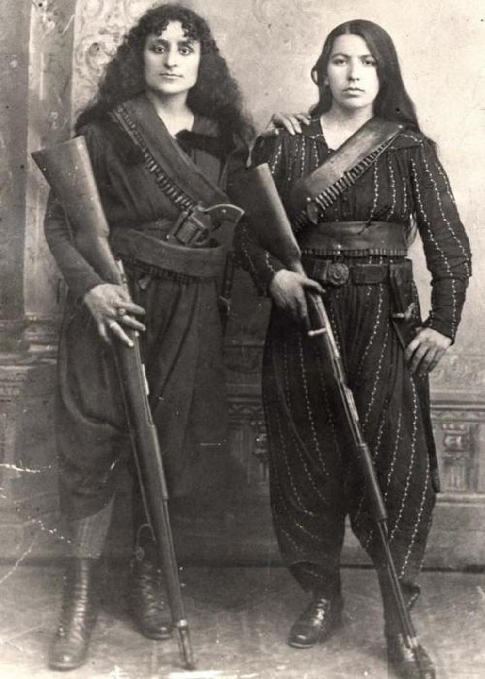 2 Armenian women fighters pose for a picture during the time of the Hamidian Massacres in Armenia in 1895. The Ottoman Turks began massive executions of Armenians, killing up to 300,000 of them over 3 years before it stopped. Men, women, children, the Ottomans did not spare anyone. Fighters such as the women above and the resistance tried to fight back, but was not able to stop the massacres. The Ottoman Empire was reorganizing at the time, and they decided to crack down on the Armenians in particular in an effort to destroy them.