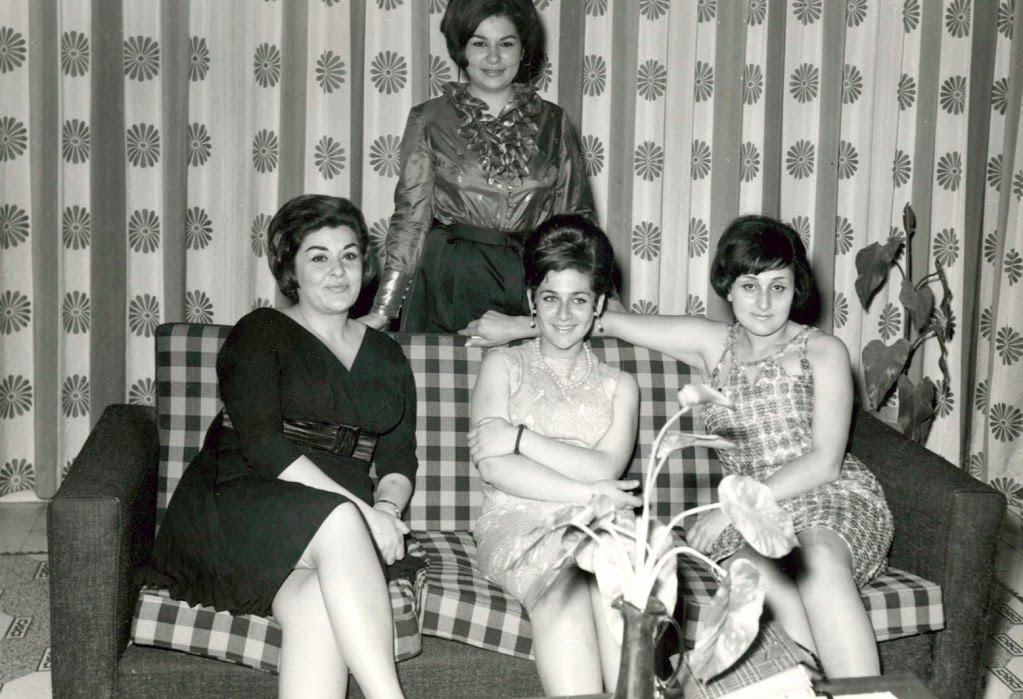 The Saudi Arabian fashion designer, Parveen Shaath, seated left on the couch, with her friends in Riyadh, Saudi Arabia in the 1960s. Before the harsh laws imposed on women in Saudi Arabia in the 1980s, women had an open forum for thought and art.