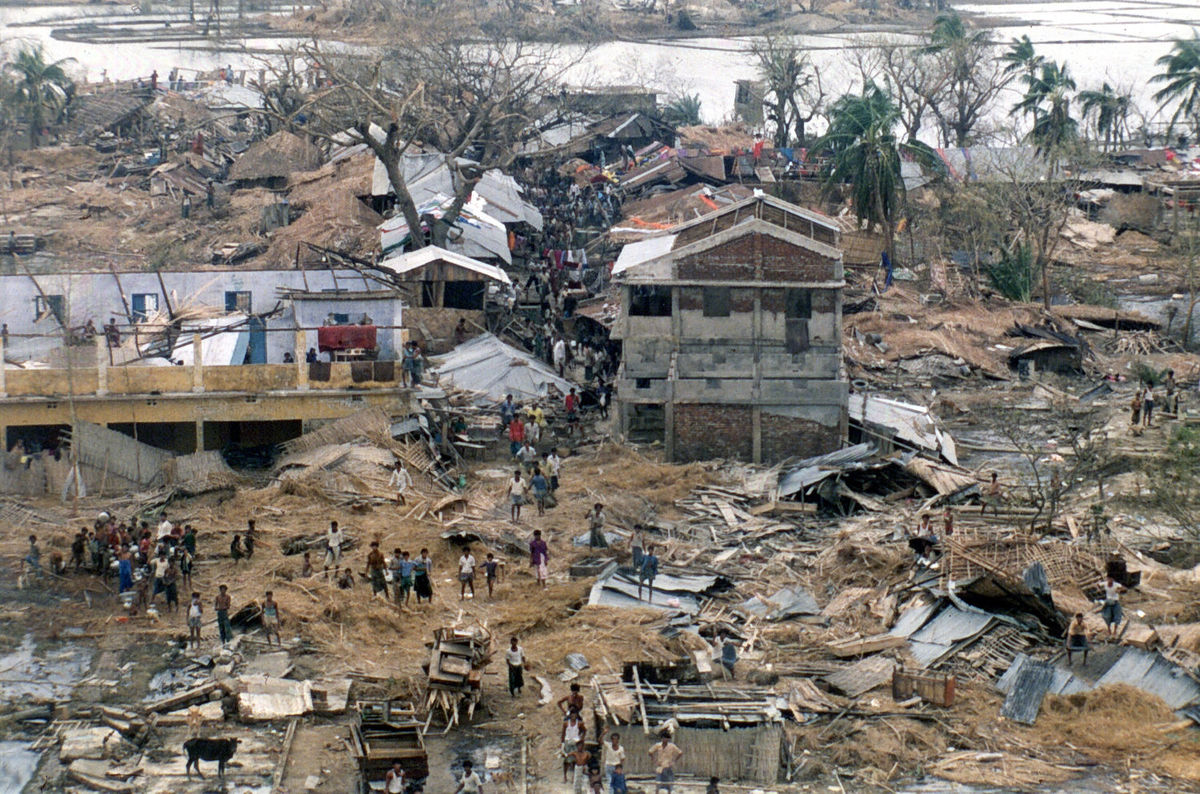 Residents survey the damage caused by a cyclone in Bangladesh in 1991. When the cyclones gain strength, the devastation they cause on India, Bangladesh and surrounding countries is horrible. This horrific storm killed nearly 150,000 people. It took weeks for the flooded areas to drain and recede, and months to clear up all the bodies of people and livestock. It took years to remove all the debris and rebuild everything. Due to the Indian Ocean formations of cyclones and the current state of the people living in potential paths of one, it maybe only a matter of time before another truly brutal storm hits them.