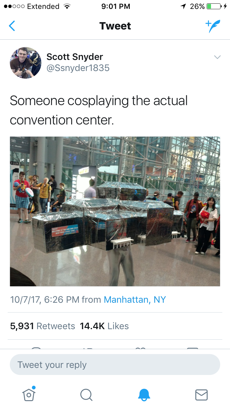 convention center cosplay - .000 Extended 26%D Tweet Scott Snyder Someone cosplaying the actual convention center. 10717, from Manhattan, Ny 5,931 Tweet your