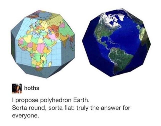 polyhedron earth - hoths I propose polyhedron Earth. Sorta round, sorta flat truly the answer for everyone.