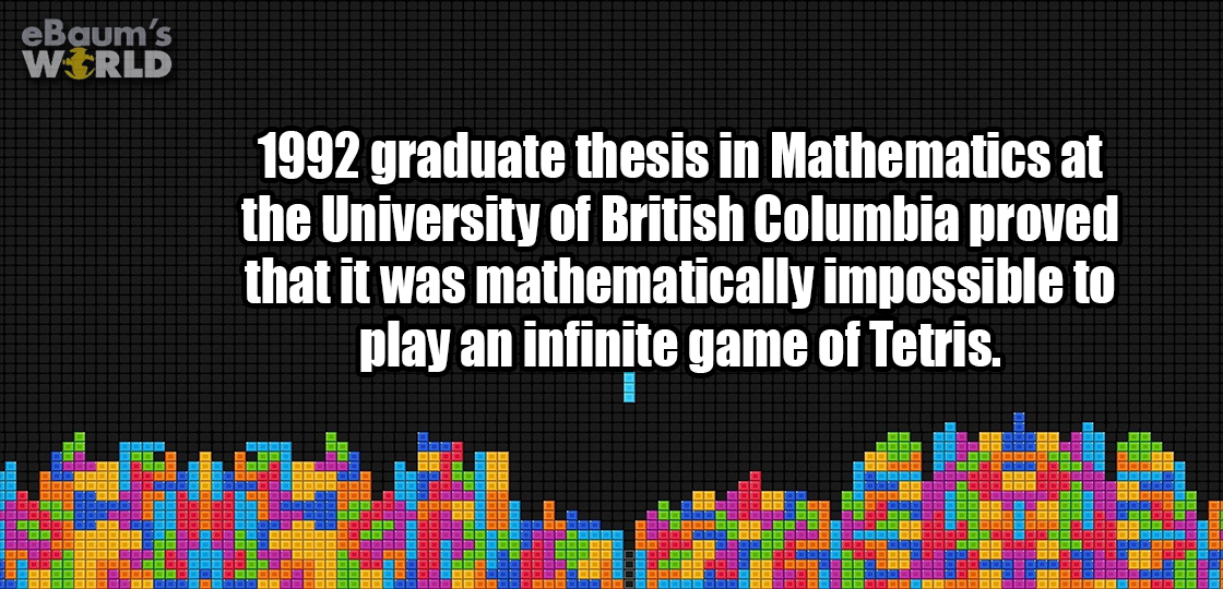 tetris gif - eBaum's World 1992 graduate thesis in Mathematics at the University of British Columbia proved that it was mathematically impossible to play an infinite game of Tetris.