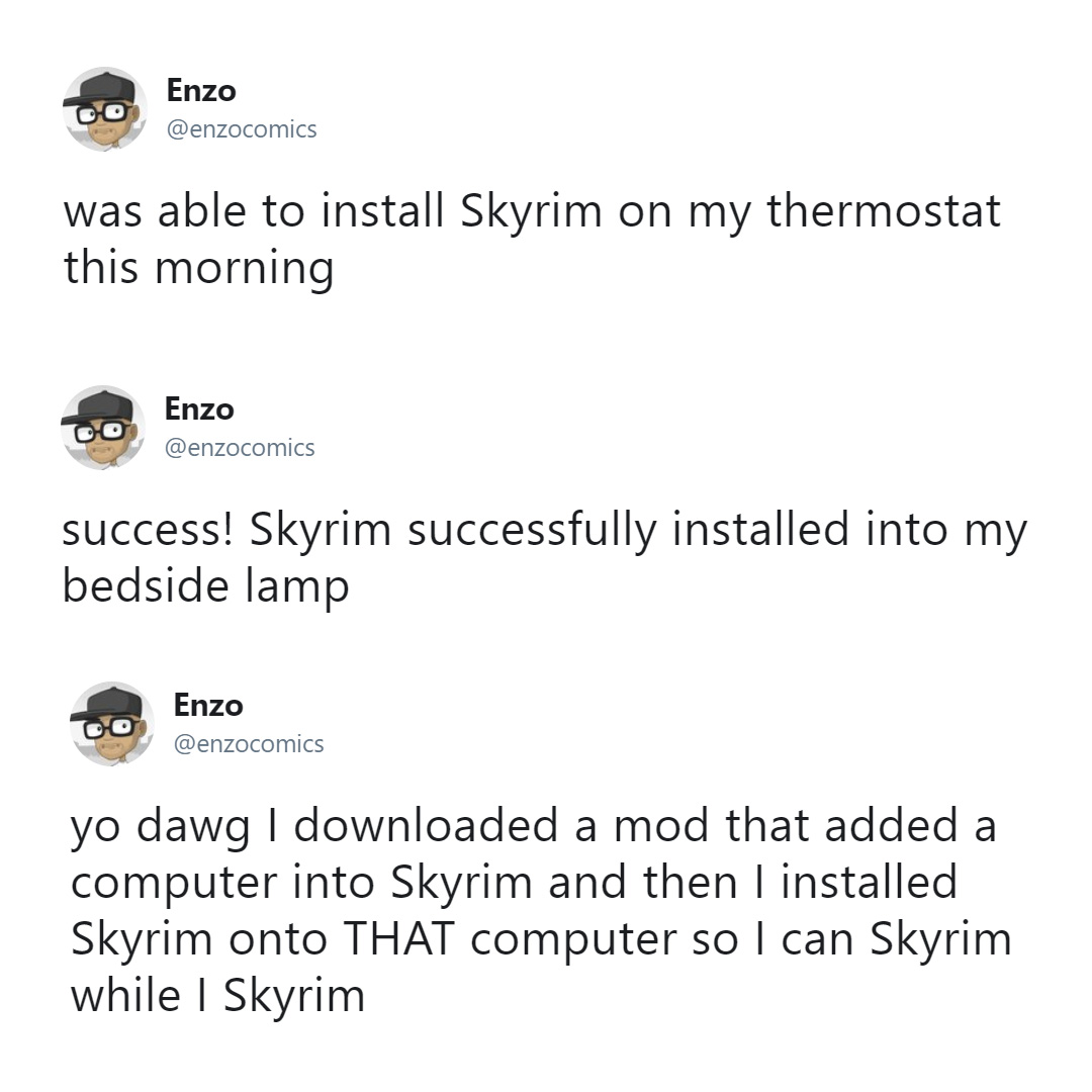 This guy started with a bunch of jokes about Skyrim being re-released. We should add Fallout was also released again as Game of the Year version.