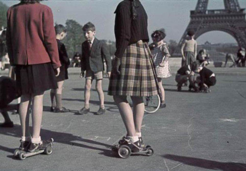 Children playing on an early version of roller skates in Paris, France in 1941. Pictures like these were actually taken by either Germans or hired French photographers to use as propaganda showing a happy French capitol under Nazi occupation.