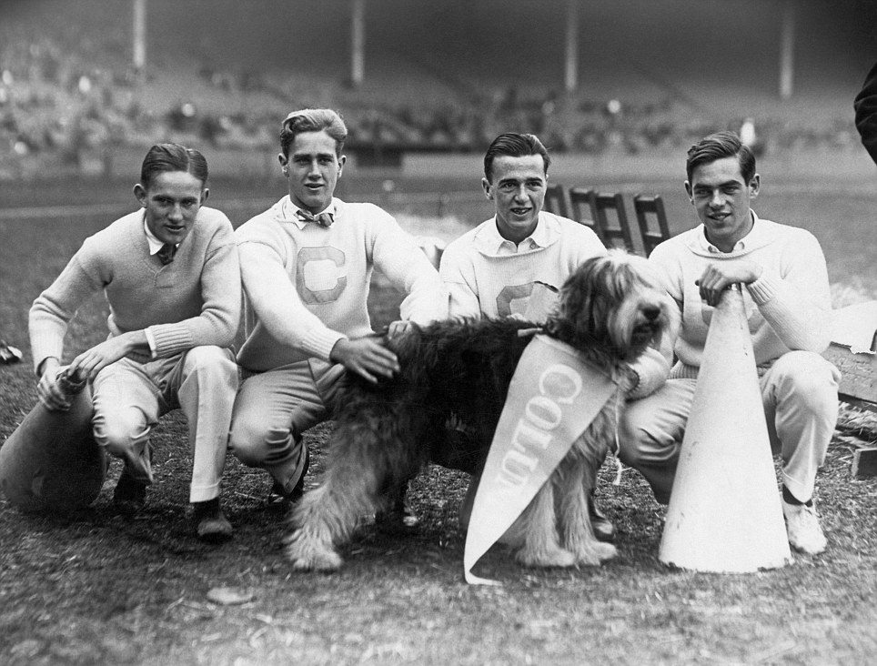 Columbia University cheerleaders with their four-legged mascot, Peter, at the Thanksgiving Day American football game in New York City, US in 1924. Originally, all cheerleading squads were men. In fact, there was a push to keep it so for many years, but eventually it was integrated with women in the 1930s who now dominate cheer squads throughout the US. To help entertain the crowds, routines were introduced. Eventually it turned into far more of a physical competitive sport than just cheering for your schools team on the sidelines. Pro teams often just employ women, but college squads in particular are often mixed with men and women and the routines just keep getting more and more complex requiring tough gymnastics moves and throws.