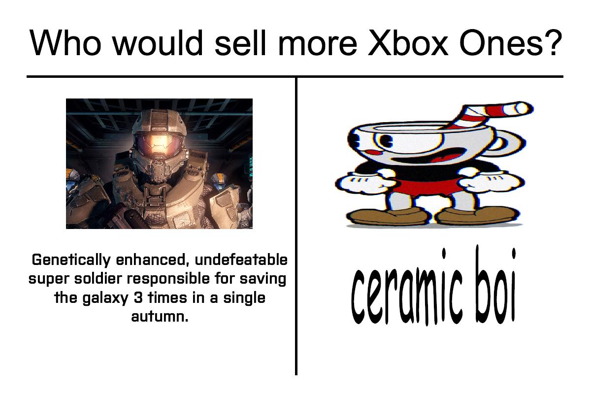 would win meme cuphead - Who would sell more Xbox Ones? en waw Genetically enhanced, undefeatable super soldier responsible for saving the galaxy 3 times in a single autumn. ceramic boi