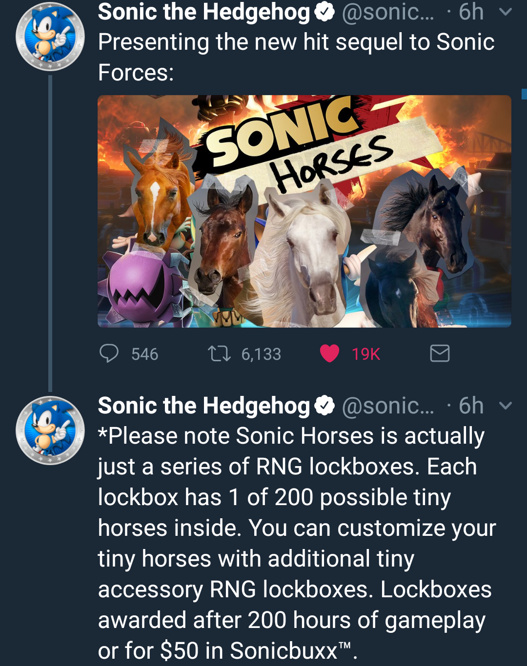 sonic horses twitter - Sonic the Hedgehog ... 6hv Presenting the new hit sequel to Sonic Forces Horses 546 12 6, Sonic the Hedgehog .... 6h Please note Sonic Horses is actually just a series of Rng lockboxes. Each lockbox has 1 of 200 possible tiny horses