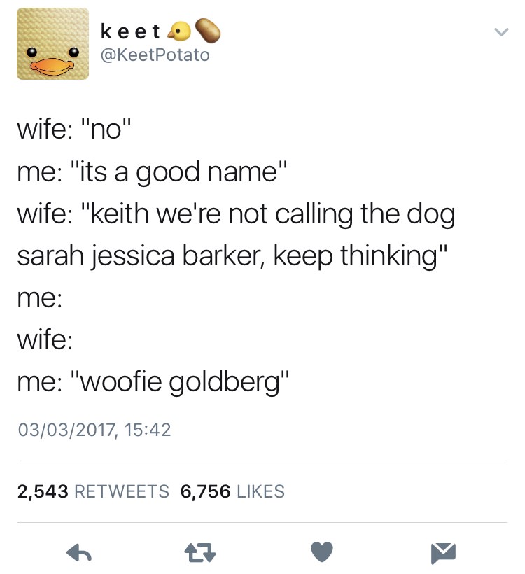 kanye west quotes - keet wife "no" me "its a good name" wife "keith we're not calling the dog sarah jessica barker, keep thinking" me wife me "woofie goldberg" 03032017, 2,543 6,756