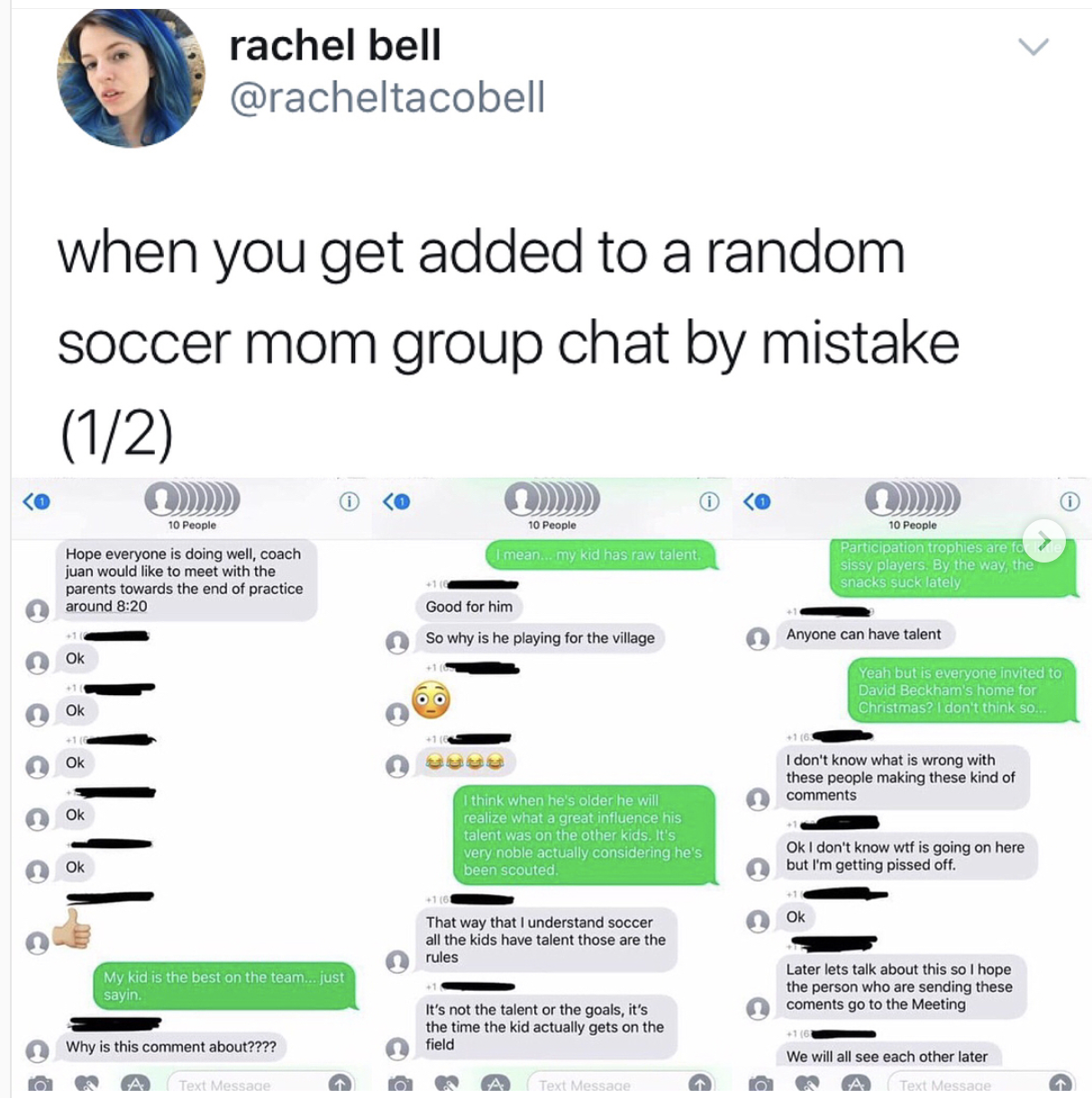 web page - rachel bell when you get added to a random soccer mom group chat by mistake 12 Hope everyone is doing well coach ma parents towards the end of practice wound Good for him So wyshe playing for the village Anyone can have talent Ce ! 11 I don't k