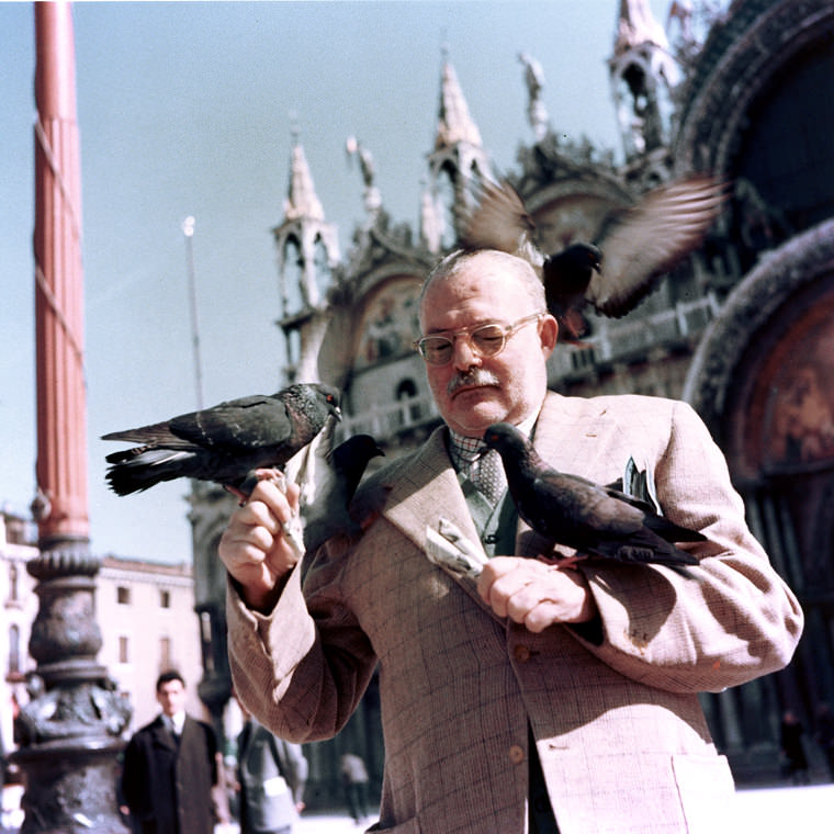 Ernest Hemingway playing with pigeons he was feeding in Venice, Italy in 1954. The famous novelist is well known by any fan of literature, however, he partook in many dangerous and engaging actions as a soldier of sorts and journalist. A veteran of WWI, he also helped document the ugly Spanish Civil War, being involved in battles and witnessing atrocities. He also was a correspondence in WWII, and even lead French militia against Nazi's, something surprising and not expected nor aloud by a correspondence. He would actually be decorated for his actions in WWII regardless. He would marry 4 times and have 3 children. He died in 1961.