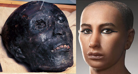 Comparison of King Tut's mummy and facial reconstruction.
