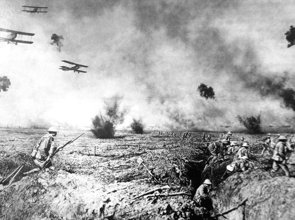 Allied planes help support an assault in France during WWI in 1917. The planes would use their machine guns down at the enemy lines, and once close enough, would physically drop bombs out of the plane onto enemy positions. The rear gunner would then fire back at the enemy as they passed. Due to timing of the assaults, 1-2 passes at most would be done. It was also done within striking distance of the enemy, causing many pilots and planes to be downed. Not only that, this method wasn't very effective. WWI was a war of old tactics with modern weapons. The same ground being taken and lost over and over, with no side having a clear advantage for virtually the entire war.