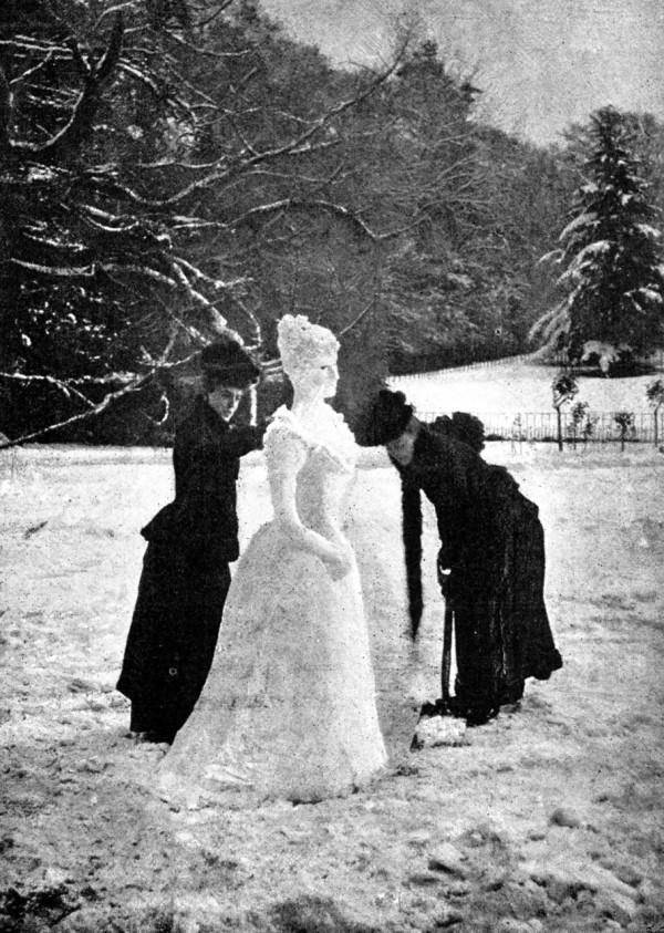 2 Women make a snow lady somewhere in New England, US in 1891.