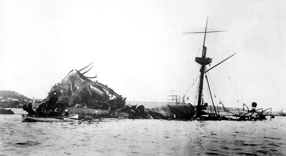 The USS Maine after it exploded in Havana Harbor, Cuba in 1898. Of the 355 men on board, 260 died. Only 16 men total escaped uninjured. The ship was in the harbor to protect US interest during the Cuban War of Independence, and after an investigation, was said to be sunk by a Spanish mine. However, further evidence would show the explosion was almost certainly an accident within the ship. Regardless, US authorities used the incident to declare war on Spain, with the firm intention of conquering Spanish territory around the globe.