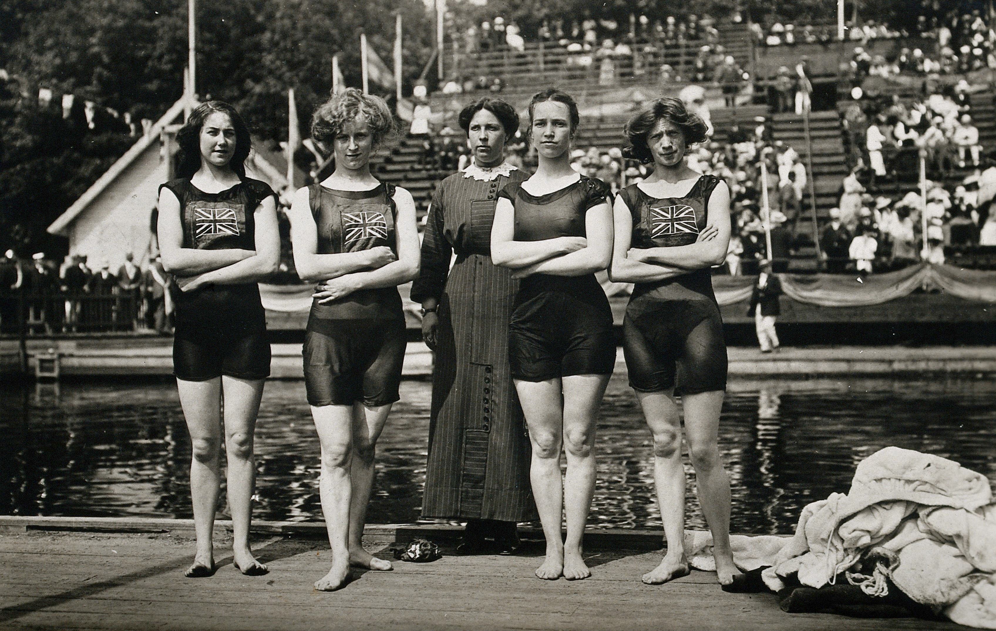Belle Moore, Jennie Fletcher, Annie Speirs, and Irene Steer pose for a picture during the Stockholm Olympics in Sweden in 1912. The British swimming squad took home gold in the 4x100 Relay. 