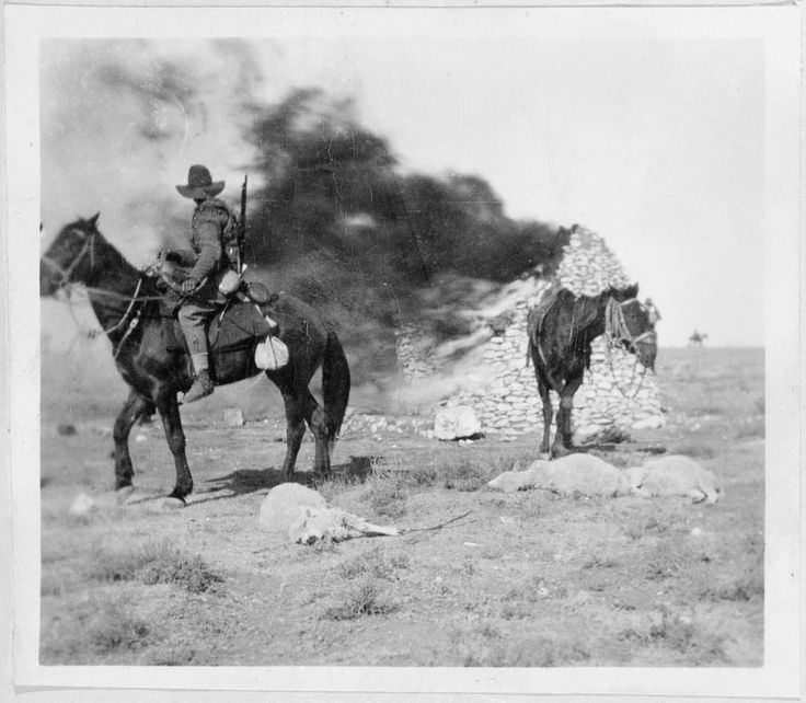 A Boer soldier overlooks a home after the British had burned it during The Second Boer War in 1901. Boer, which is a Dutch word for Farmer, was the name given to the mostly white Dutch settlers in British South Africa in the 1800s. During nearly the entire century, the Boers and British had disagreements, resulting in the brief First Boer War in 1880, which lasted just months. This, along with other conflicts caused the preparation and stockpiling of supplies by the Boers. When the Second Boer War started in 1899, which was an all out uprising seeking independence for the Boers, it lasted 3 years, and was brutal. The Boers worked like their own army at first, heavily supplied and struck first in hopes of quick victories to negotiate independence. However, the British response would be an ugly point in their history.