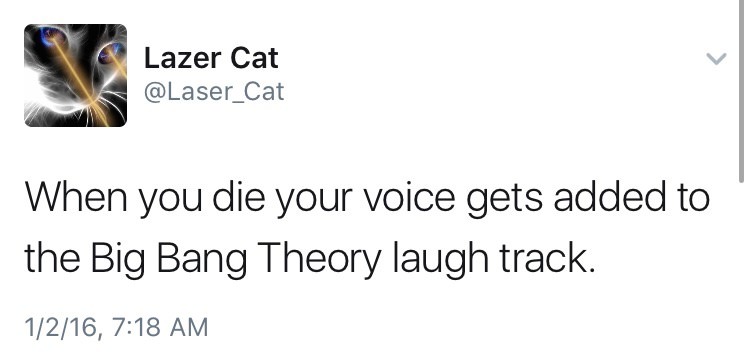 funny rapper tweets - Lazer Cat When you die your voice gets added to the Big Bang Theory laugh track. 1216,