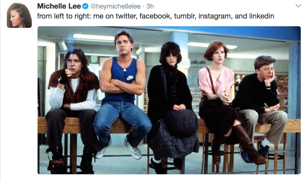 breakfast club as social media - Michelle Lee . 3h from left to right me on twitter, facebook, tumblr, instagram, and linkedin