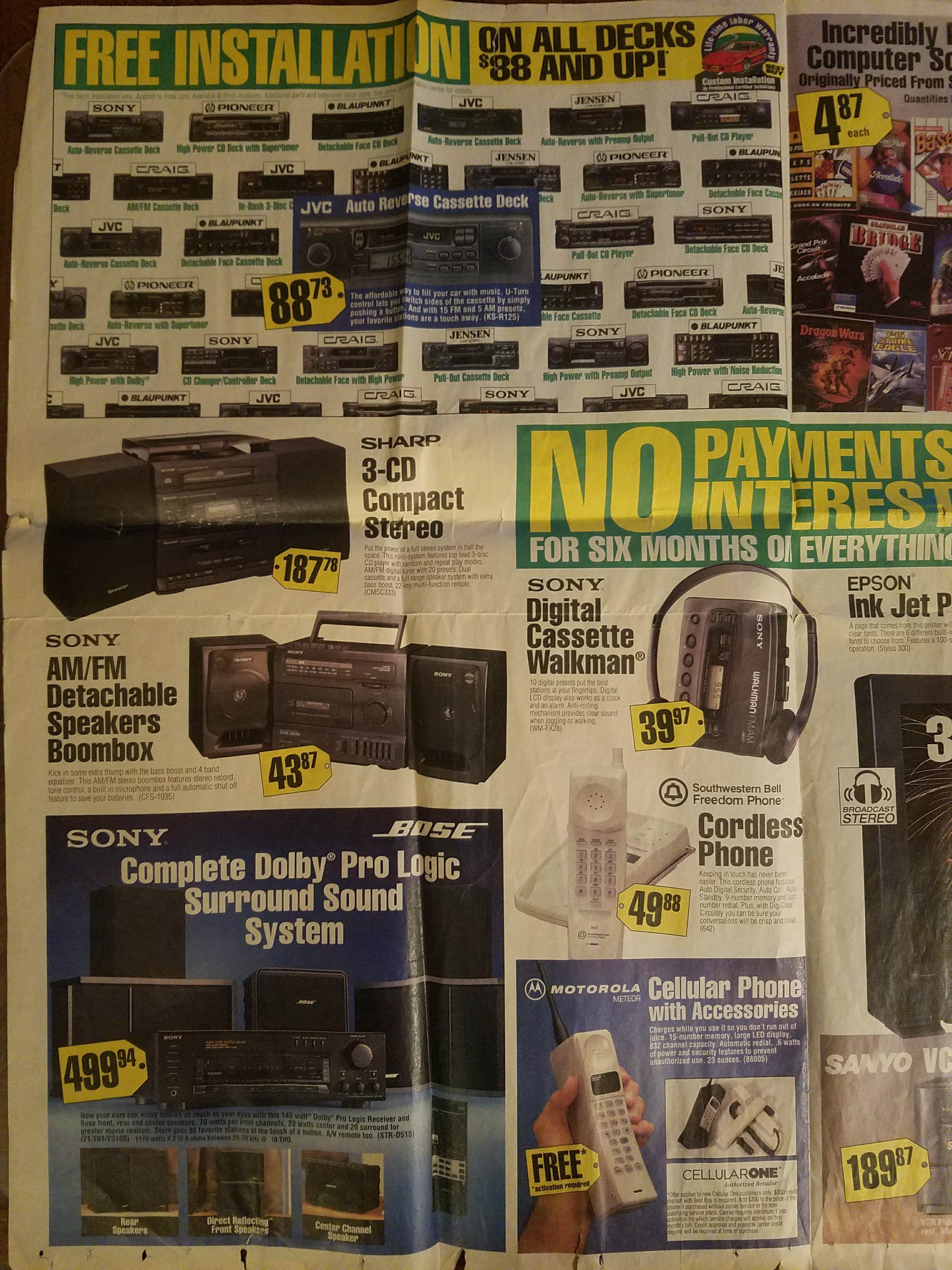 90s best buy flyer - Free Installatin On All Decks Incredibly Computer Sc Potre 87 8878 Sharp 3Cd Compact Stereo Ayments Ere For Six Months Oi Everything Epson Digital Ink Jet P Cassette Walkman AmFm Detachable Speaker's Boombox Base Cordless Phone Sony C