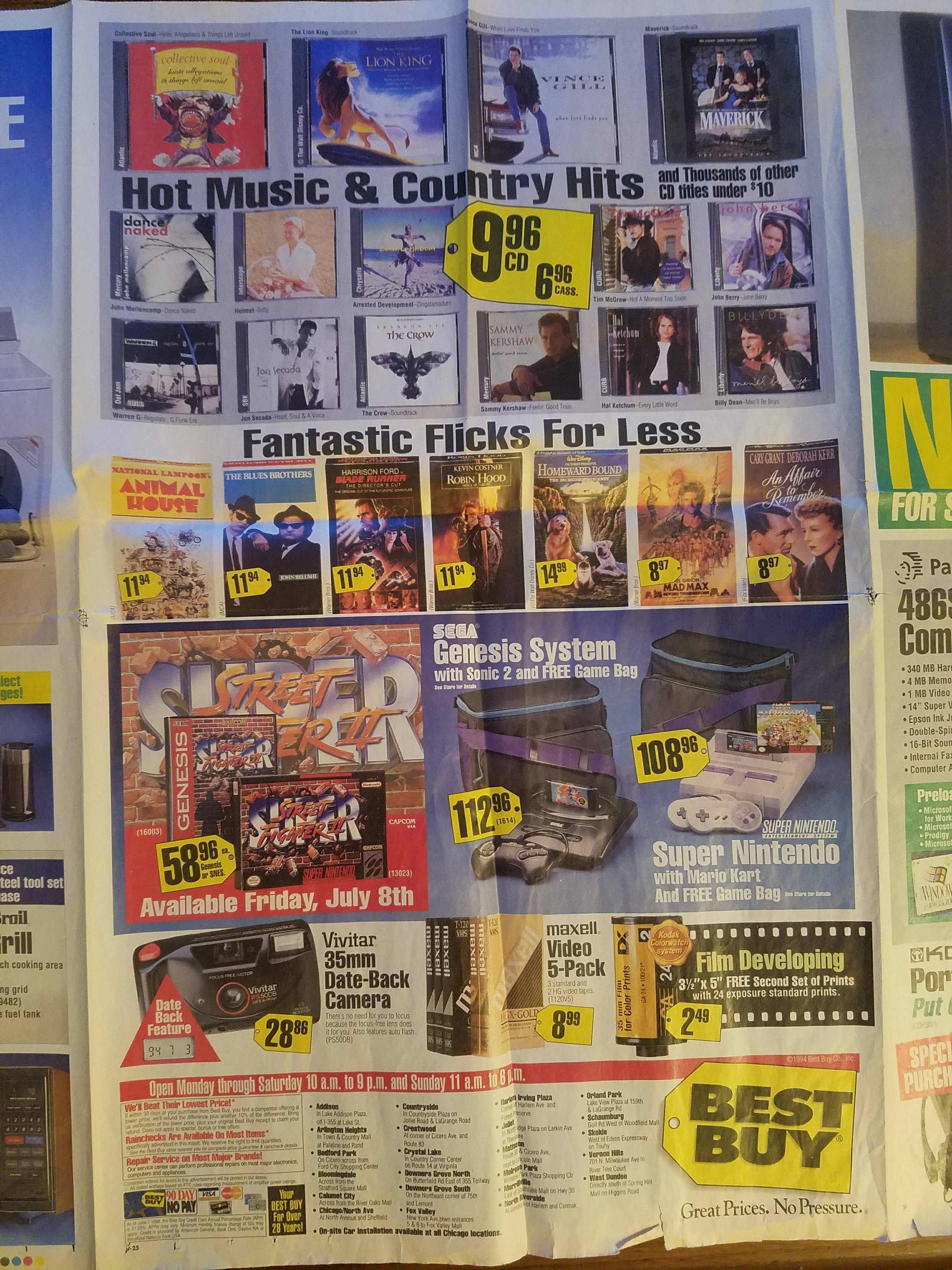 old best buy ad - E Hot Music & Country Hits a la 1096 Lu Fantastic Flicks For Less For Pa 486 Cenesis System W 2 108 Super Nintendo Available Friday, July 8th Vides Developing DateBack Por In Best Bu firati. Na
