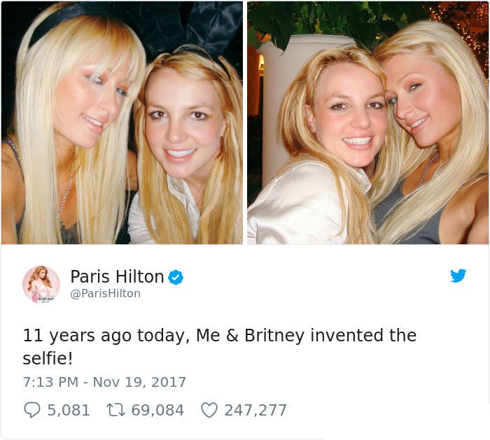 paris hilton selfie - Paris Hilton Hilton 11 years ago today, Me & Britney invented the selfie! 5,081 22 69,084 247,277