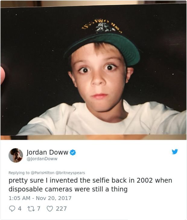 photo caption - Jordan Doww pretty sure I invented the selfie back in 2002 when disposable cameras were still a thing 94 127 227