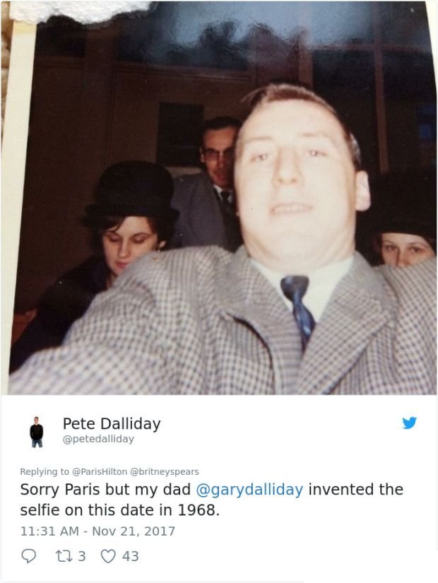 photo caption - Pete Dalliday Hilton Sorry Paris but my dad invented the selfie on this date in 1968. 123 43